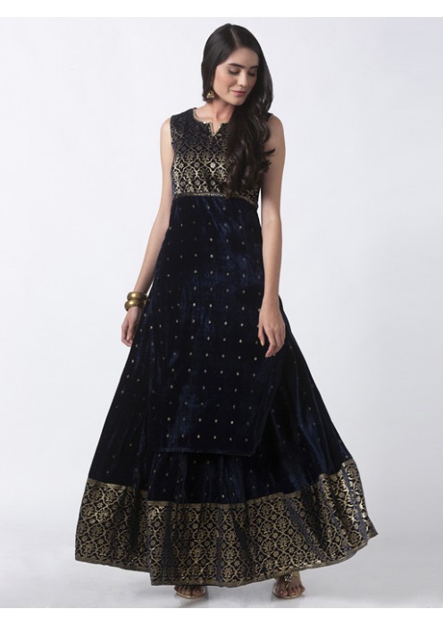 Navy Blue Printed Velvet Kurta 