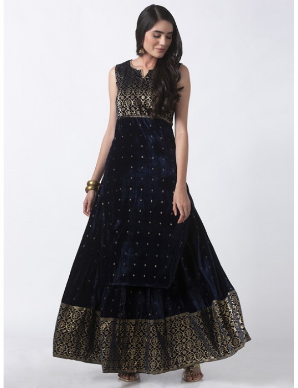 Navy Blue Printed Velvet Kurta 