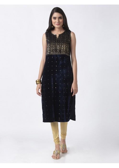 Navy Blue Printed Velvet Kurta 