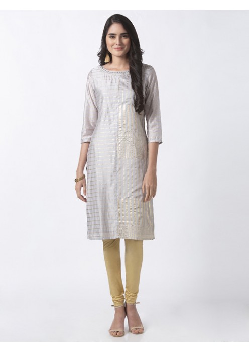 Grey Kurta with Gold Stripe Print