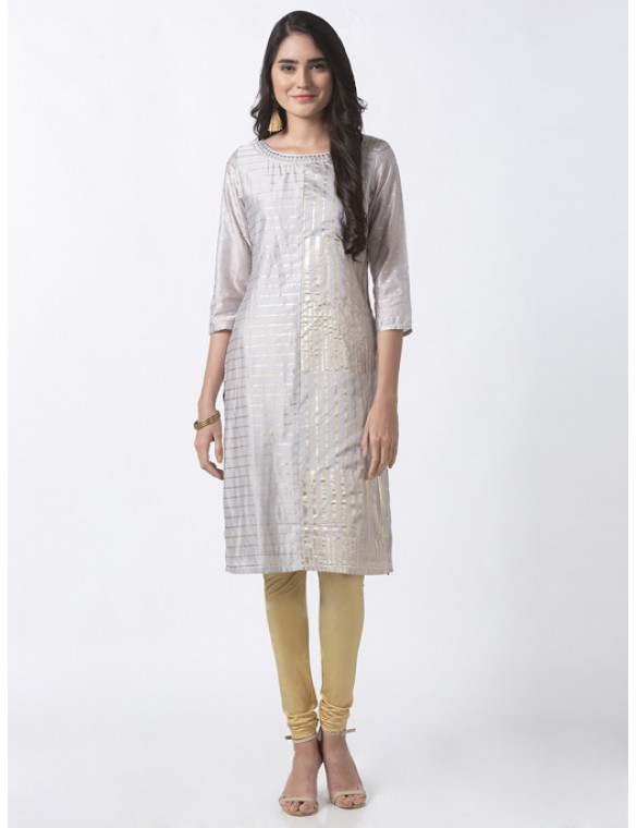 Grey Kurta with Gold Stripe Print