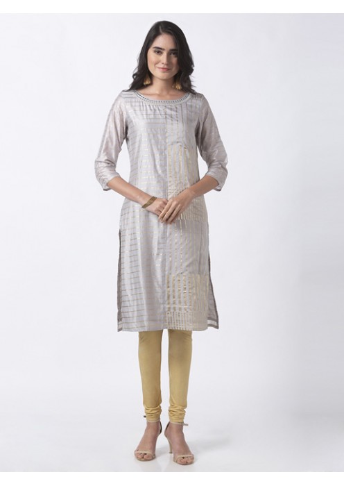 Grey Kurta with Gold Stripe Print