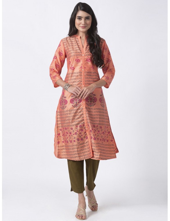 Coral Kurta with Floral Printing