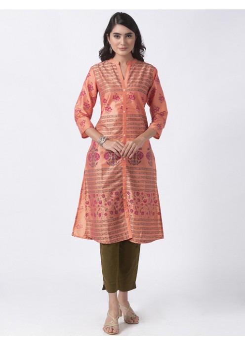 Coral Kurta with Floral Printing